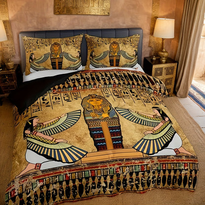 Timeless Design, Egyptian Pharaoh 3pcs Ancient Egyptian Art Quilt Cover Set (1 Quilt Cover + 2 Pillowcases, Pillow Core Not Included), Soft And Breathable HD Printed Bedding Set, Soft And Breathable Duvet Cover And Pillowcase