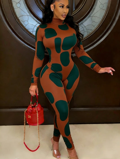 Plus Size - Women'S Luxe Elegant Jumpsuit | Stretchy Comfortable Lightweight, 2D Print Luxe Graffiti Animal Print, 4-Season Versatile, Casual & Bold Presence, Crew Neck, All Over Print