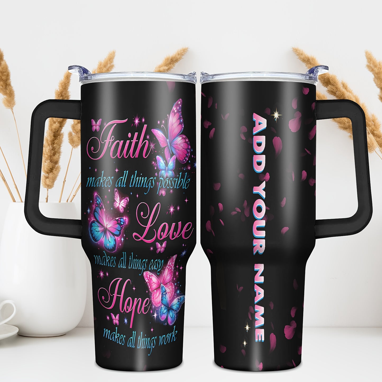 Custom 1pc, Personalized 40 Oz Tumbler with Lid, Featuring a Humorous Print about Faith, Love, And Hope. This Stainless Steel Water Bottle Makes a Great Gift for Christmas, Thanksgiving, Halloween, Birthdays, And Is Perfect f