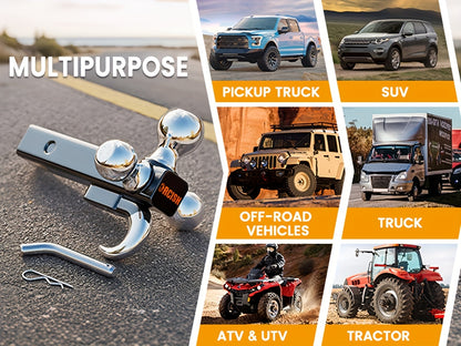 Trailer Hitch Tri-Ball Mount with Hook & Pin, Hitch Ball Size 1-7/8", 2" And 2-5/16", Fit 2 Inch Hitch Receiver, Max GTW 10, 000 LBS, Fit 2 Inch Hitch Receiver, Tow Hitch for RVs, SUVs, ATVs, And Trucks
