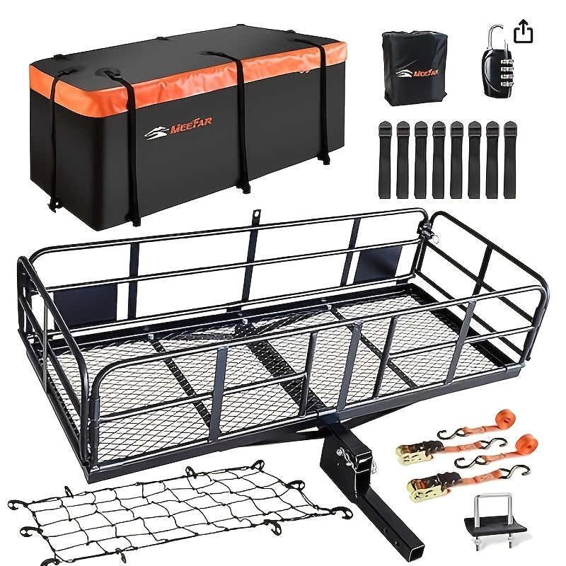 Folding Hitch Mount Cargo Carrier Basket - 500 Lbs Capacity, 16 Cu Ft Storage, 60x21x6 Inches with Waterproof Bag, Stabilizer, Straps, Net - Black
