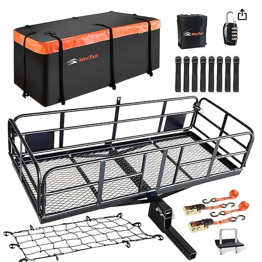 Folding Hitch Mount Cargo Carrier Basket - 500 Lbs Capacity, 16 Cu Ft Storage, 60x21x6 Inches with Waterproof Bag, Stabilizer, Straps, Net - Black