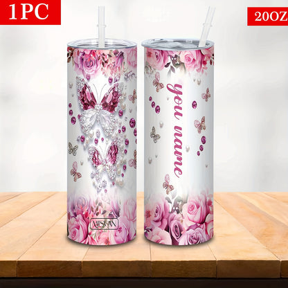 1pc Customized Name Stainless Steel Tumbler | 20oz/22oz/40oz Insulated Water with Lid, Reusable, Round Shape, 304 Stainless Steel, Ideal for Easter, Thanksgiving, Father'S Day, Mother'S Day, Graduation, White Diamond Butterfl