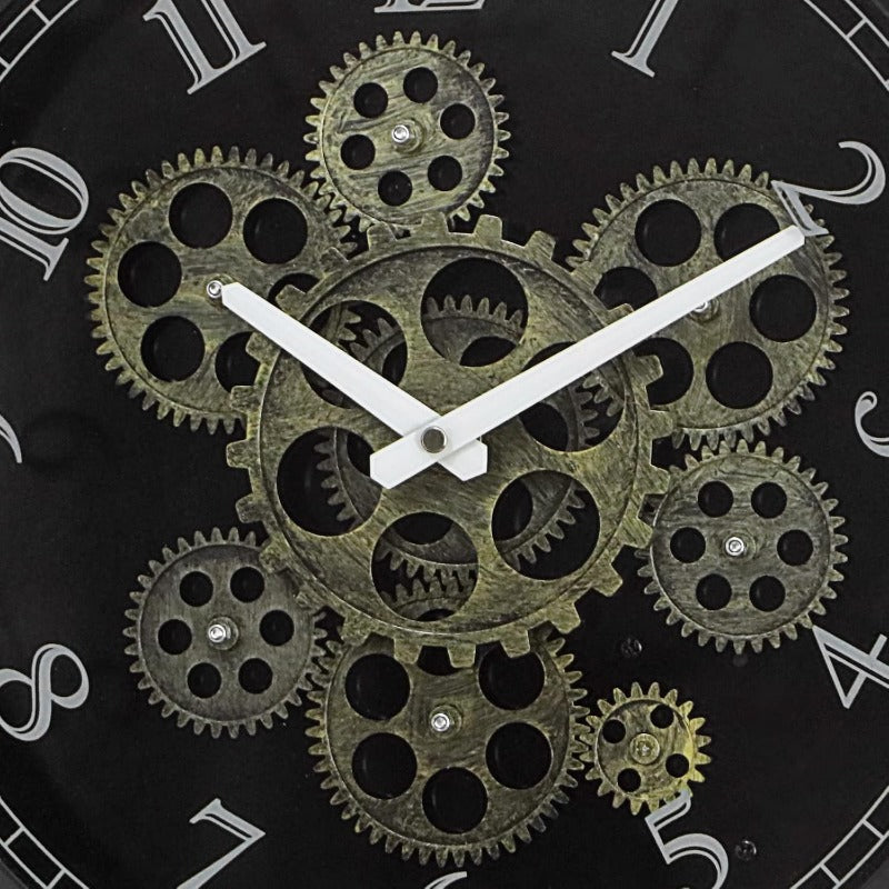 15 Inch Vintage Industrial Steampunk Metal Wall Clock with Moving Gears - Large & Golden Gear Mechanism, No Electricity Needed