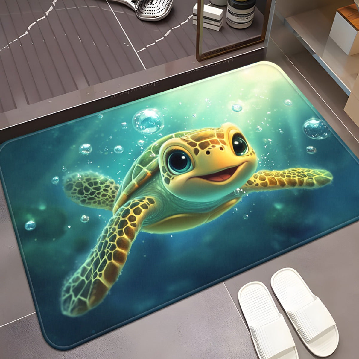 1pc Sea Turtle Underwater Non-Slip Bathroom Mat - Microfiber Absorbent, Machine Washable Polyester Door Mat with Vibrant Ocean Scene Design for Bedroom, Living Room, Camping & Picnic, 650gsm, Turtle
