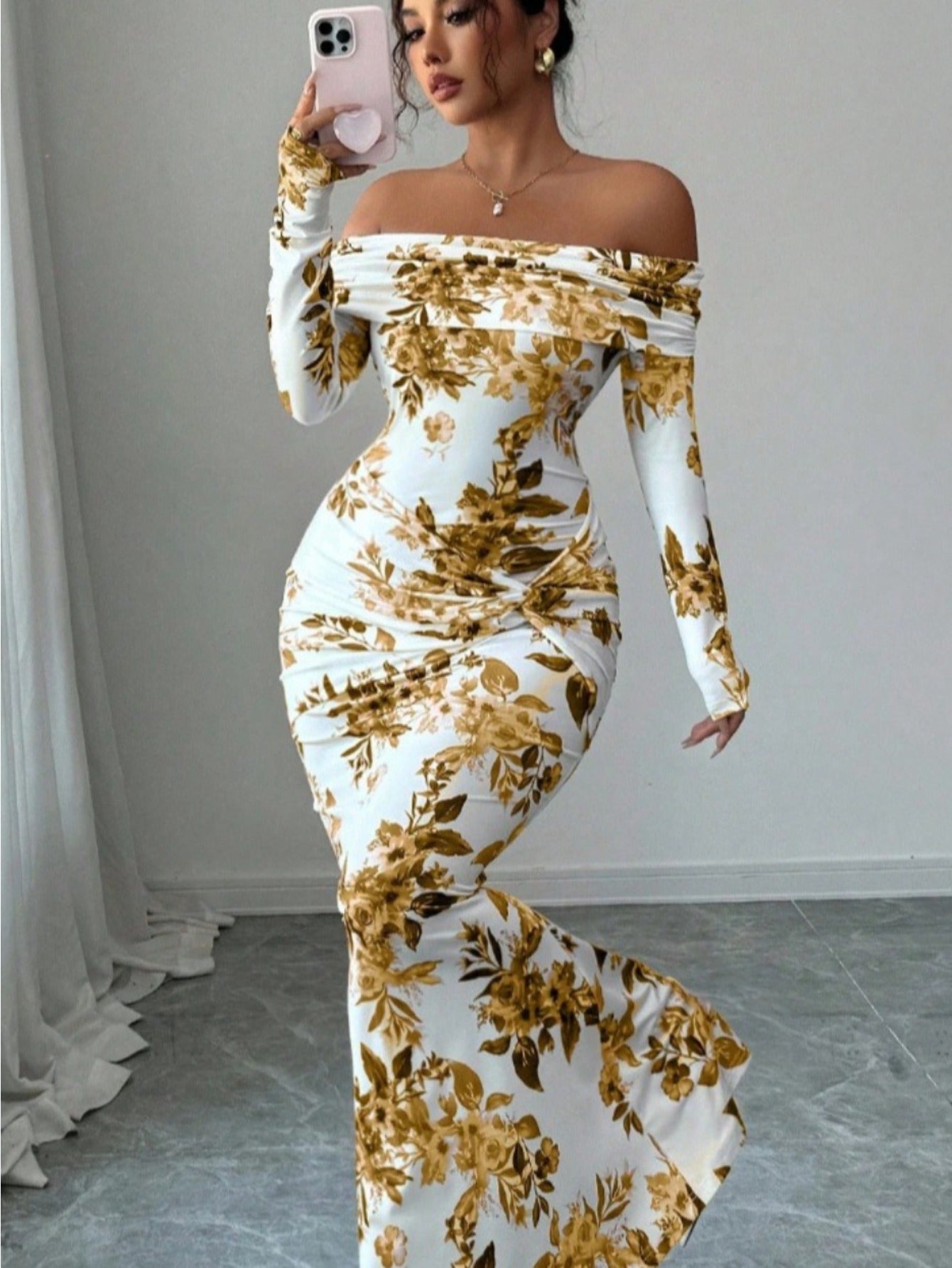 LUCKFOX Women's Clothing 2026 Waist and Thin Spring Early Spring Women's Clothing New Models, Daily Wear, Enjoy Elegant and Beautiful Printed Long Dress Temperament Slim One-word Shoulder Long-sleeved Dress Women Are Now