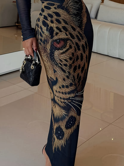 Elegant Leopard Print Bodycon Dress | Long Sleeve, Contrast Lace Detail, Suitable for Parties, Beach Outings, and Social Events