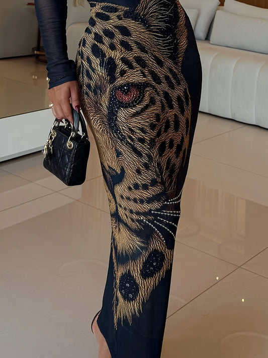 Elegant Leopard Print Bodycon Dress | Long Sleeve, Contrast Lace Detail, Suitable for Parties, Beach Outings, and Social Events