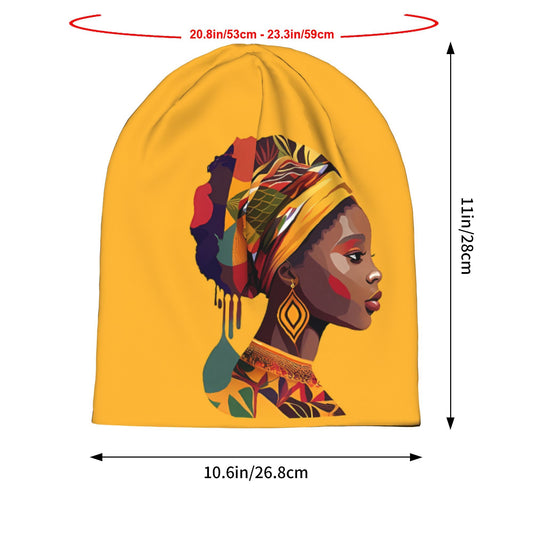 African Woman Print Beanie Hat - Vibrant Mustard Yellow with Colorful Geometric Patterns, Unisex Stretchy Knit Cap for Men & Women, Fashionable Cultural Design for Casual & Festive Occasions, Stylish Headgear, Modern Chic Hat
