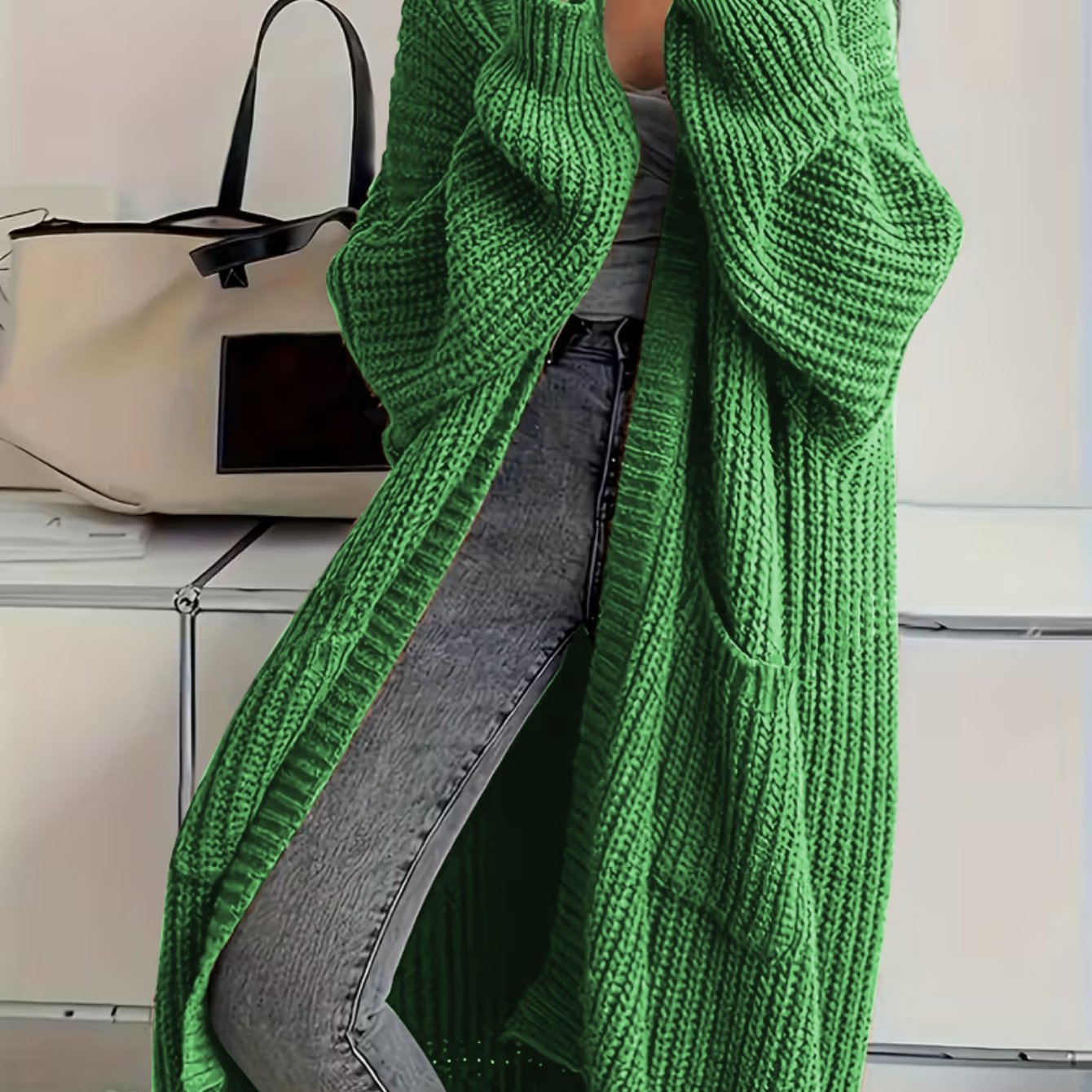 Plus Size, Solid Color Plus-Size Women's Long Pocket Cardigan Loose Over-the-Knee Sweater Coat Fashion Versatile Outerwear