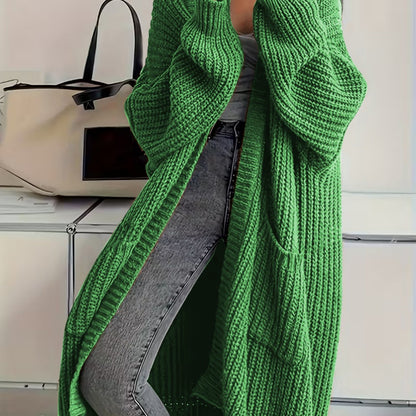 Plus Size, Solid Color Plus-Size Women's Long Pocket Cardigan Loose Over-the-Knee Sweater Coat Fashion Versatile Outerwear