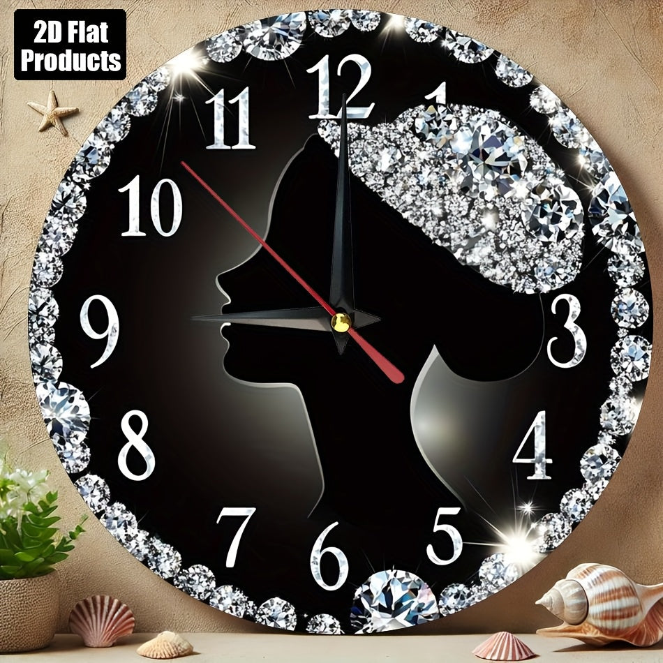 2D Flat 1pc Diamond Woman Silhouette Wall Clock, 9.8" Round Wooden Kitchen Decor with Sparkling Rhinestones, Easy to Read, Silent, No Drip, Requires 1 AA Battery, Bedroom, Office, Bedroom Wall Clock | Elegant Wall Clock | Woo
