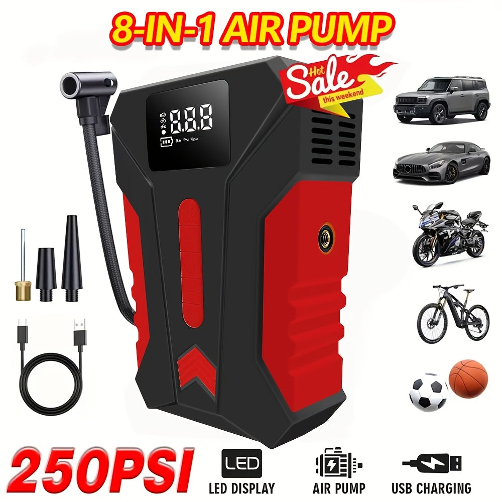 12000A Peak Car Emergency Starter & 250PSI Portable Tire Inflator, 12V (Allgas/ 2.11 Gallons Diesel) Quick Start Vehicle, Portable Car Battery Charger, USB Input/ Output, LED Emergency Light, Auto Additions Tool