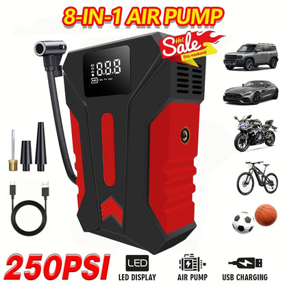 12000A Peak Car Emergency Starter & 250PSI Portable Tire Inflator, 12V (Allgas/ 2.11 Gallons Diesel) Quick Start Vehicle, Portable Car Battery Charger, USB Input/ Output, LED Emergency Light, Auto Additions Tool