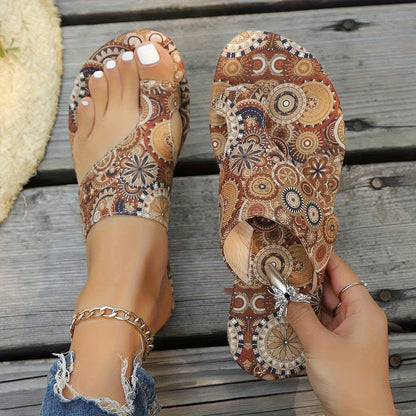 Women's Bohemian Floral Slide Sandals - Slip-On Open Toe Summer Shoes with Pink, Lightweight Flat Sandals for Beach, Casual Outfits - Easy Slip Closure & Non-Slip PU Sole, Beach Footwear