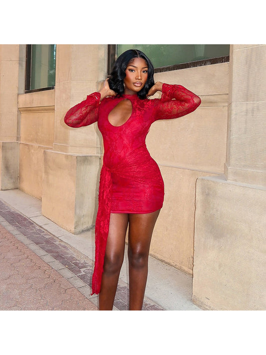 Ladies' Fashionable Dress for Parties and Gatherings Solid Color Hollow Out Straps Sexy Lace Long Sleeved Ribbon Short Dress