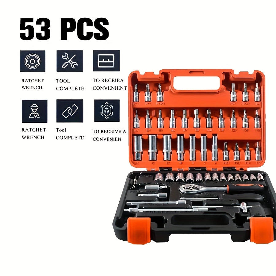 A Collection of 53 Mechanical Tool Kits, Including 1/2" And 1/4" Drive Depth And Standard Sockets, Ergonomic Handles, Ratchet Wrenches, Tools for Automotive And Bicycle Repairs, As Well As Household Maintenance Tools.