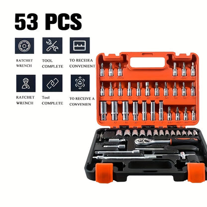 A Collection of 53 Mechanical Tool Kits, Including 1/2" And 1/4" Drive Depth And Standard Sockets, Ergonomic Handles, Ratchet Wrenches, Tools for Automotive And Bicycle Repairs, As Well As Household Maintenance Tools.