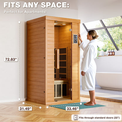 1-Person Sauna Room, Indoor Spectrum Infrared Sauna for Home, Dry Sauna with WiFi/BT Control and 5 Heater Panels, 9-Color Light Therapy, Safe Flame-Retardant Material, Wood Low EMF 1200W/120V Heater, Home Spa and Gym Use