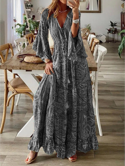 Women'S Autumn Fashion, Chic V-Neck Waist, A-Line Small Floral Design, Sophisticated Feminine Dress, Long Skirt