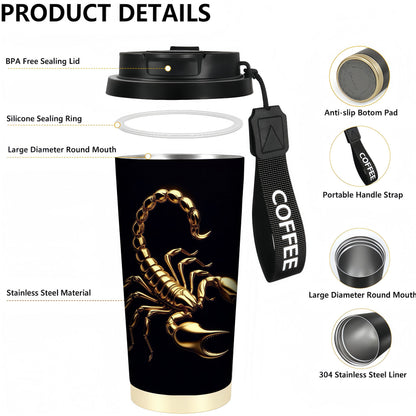 1pc 18oz Stainless Steel Tumbler with Golden Scorpion Design, Leak-Proof, Reusable Coffee Cup & Mug, Anti-Slip Base, Perfect Gift for Halloween, Christmas, Easter, Thanksgiving, Graduation, Coffee Travel Mug