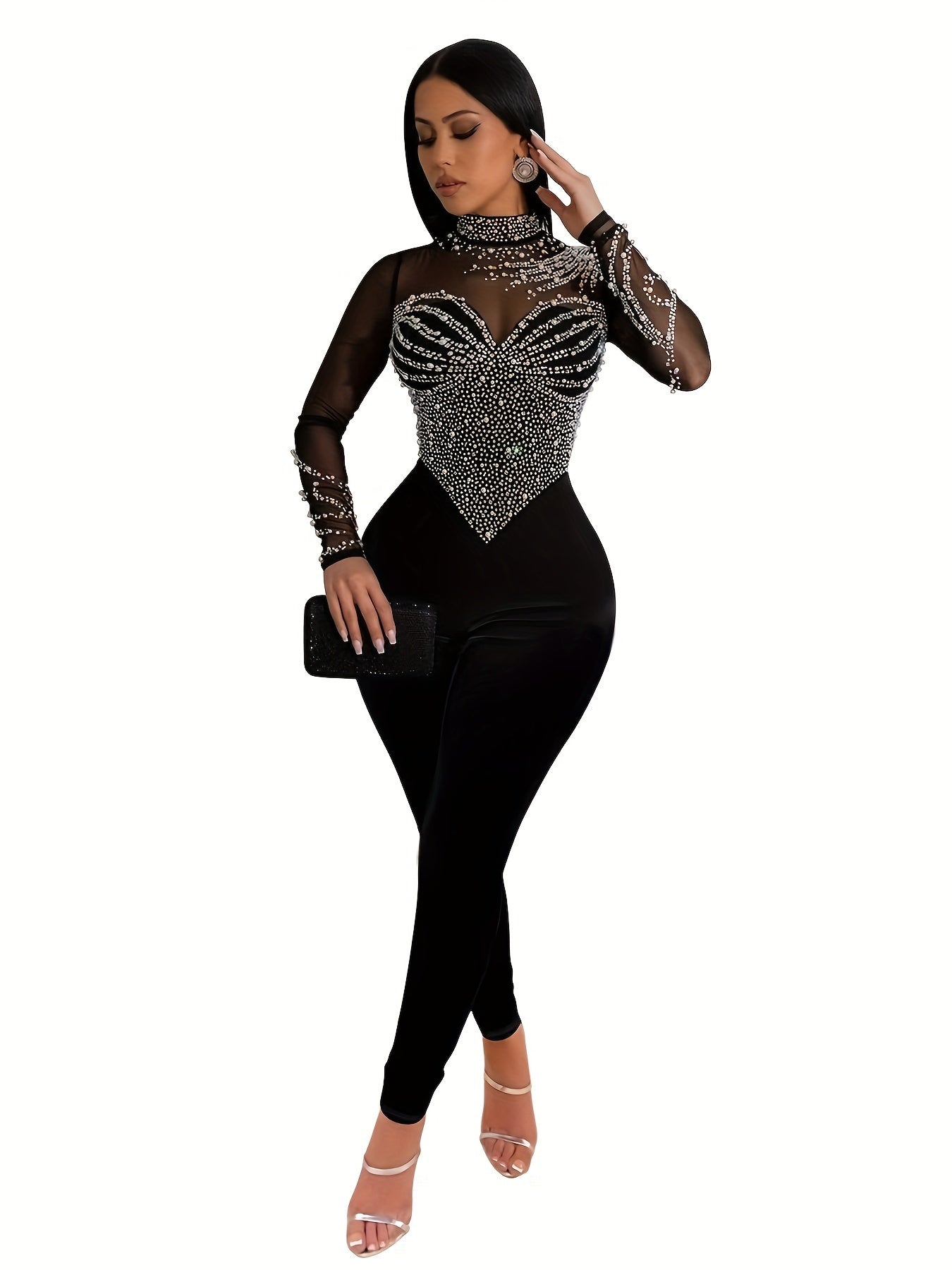 Elegant Women'S Black Jumpsuit with Pearl And Rhinestone Embellishments, Featuring Sheer Mesh Long Sleeves for Evening Events