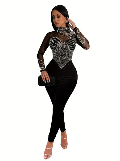 Elegant Women'S Black Jumpsuit with Pearl And Rhinestone Embellishments, Featuring Sheer Mesh Long Sleeves for Evening Events