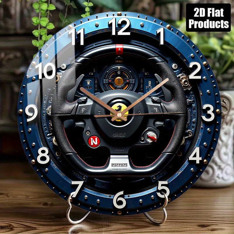 12-Inch Racing Car Steering Wheel Wall Clock - Silent Quartz Movement, Black & Yellow with Red N Emblem & Metallic Accent - Glass Round Clock for Home, Garage, Office, for Man Cave Decor - Ideal Gift for Motorsport Fans (AA B