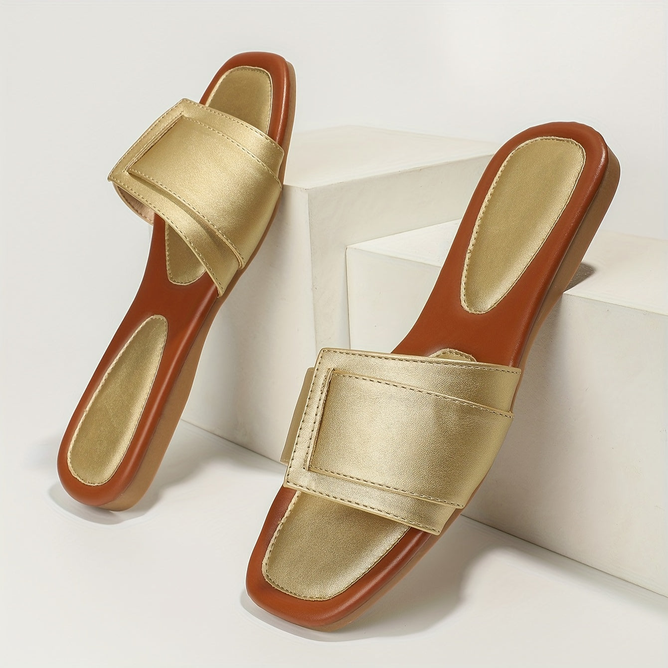 Women'S Slip-On Mules - Slip-Resistant TPR Sole & Cushioned Insole, Golden-Tan & BrownPink/ - All-Season Indoor/Outdoor House Shoes, Versatile For Casual, Formal, Everyday - Easy-clean Synthetic Cover, Indoor Footwear, Stylis
