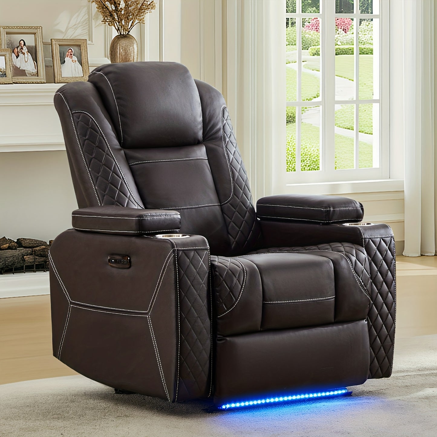 Power Recliner Sofa with Adjustable Headrest & LED Ambient Light & Hidden Storage & USB Ports for Living Room Home Theater
