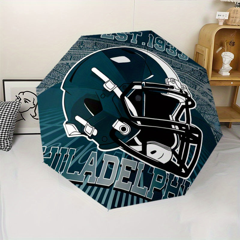 Philadelphia Football Team Spirit Automatic Opening/Closing Umbrella - 8-Rib All-Weather Foldable Travel Umbrella with Teal & Golden City Skyline & Logo Design, Portable for Daily Use, Sports Events, Gift for Fans
