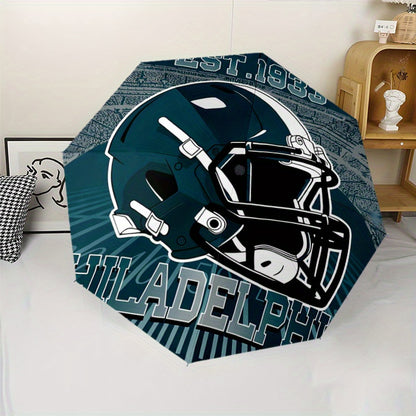 Philadelphia Football Team Spirit Automatic Opening/Closing Umbrella - 8-Rib All-Weather Foldable Travel Umbrella with Teal & Golden City Skyline & Logo Design, Portable for Daily Use, Sports Events, Gift for Fans