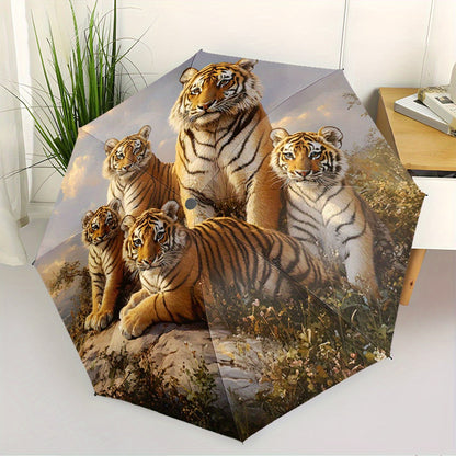 Automatic Folding Umbrella Five tigers resting on a . Portable collapsible design, casual outdoor accessory, for all seasons, Christmas birthday festival gift