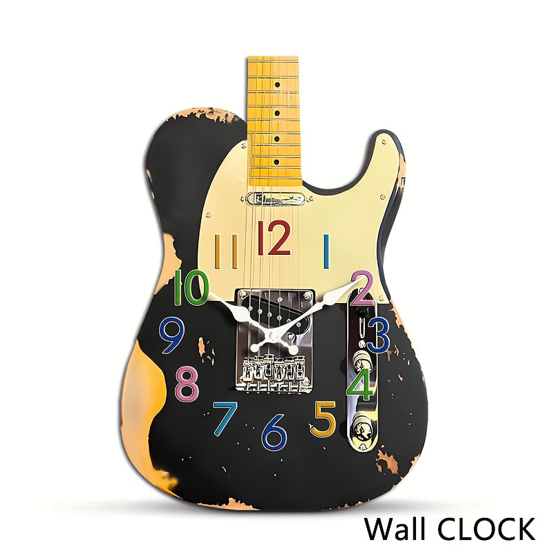 1pc Unique Shaped Clock, Retro Guitar Design Wall Clock, Irregular Cut Guitar Clock, Silent Quartz Unique Creative Music Clock, Suitable for Bedroom, Living Room, Office, Kitchen, Bathroom, Battery Powered (Batteries Not Incl