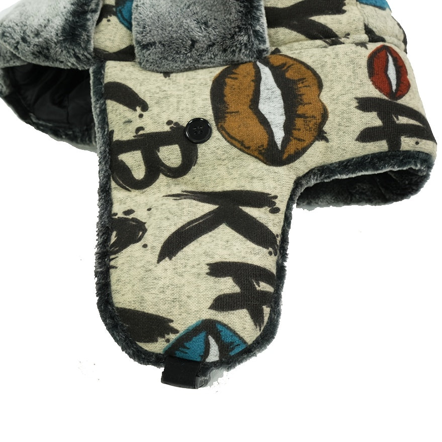 Unisex Winter Warm Beanie with Graffiti Lettering & Fur Ears - Enhanced Cold Protection, Ice-Safe for Cycling, iceskating, icy activities – Grey/Black Yellow Streetwear Style Easy to Maintain Hand wash / Dry Clean Unisex Au