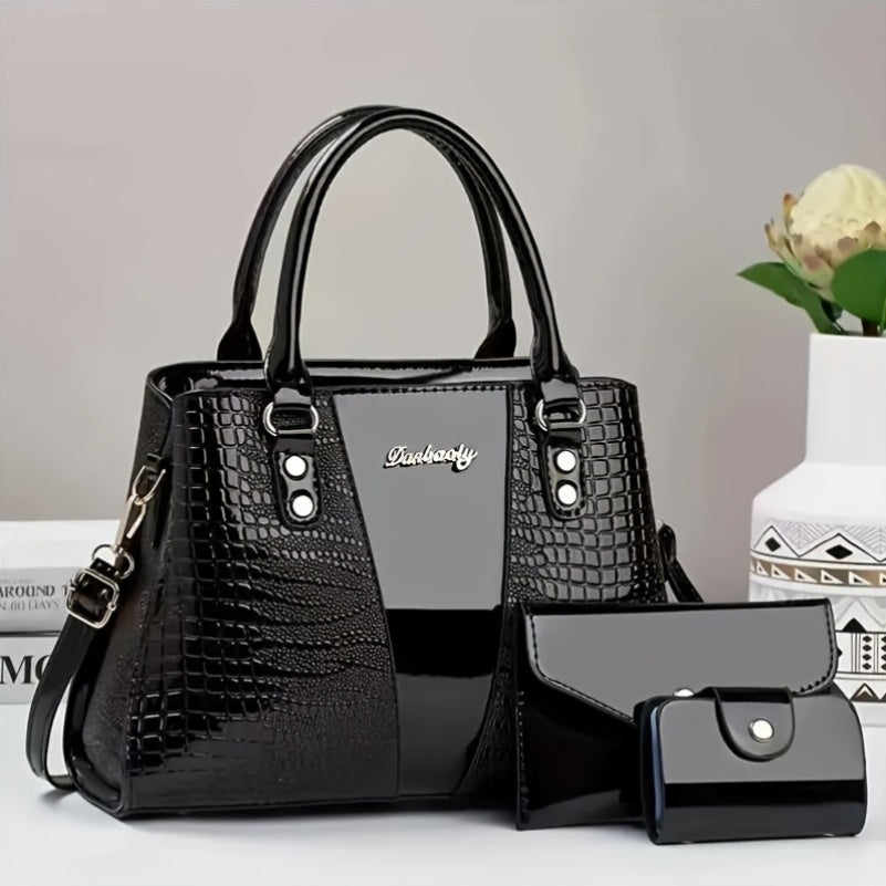 3pcs, Classic Large Capacity Mom Bag, Bright Surface Crocodile Pattern Multi-pocket Compartment Bag, Designer Bags for Women, Vintage Purse, Womens Hand Bag, Designer Bags for Women High Quality, Everyday Purse, Travel Access