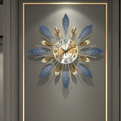 1pc Large Modern Metal Wall Clock 21.6 Inch - Silent Non-Ticking Modern Square/Rectangular Design with Golden-Toned Hands & Blue Leaf Face, White Numerals - Elegant Large Wall Clock for Living Room, Bedroom, Home Decor in Gol