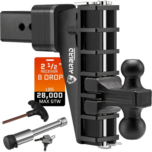 Double Ball Adjustable Trailer Hitch 2" and 2-5/16", Fits 2.5-Inch Receiver, 8-Inch Drop/Rise, Maximum GTW 258,000 lbs, Solid Ball Mounting, Heavy Duty, Break-Away Proof, Quiet Design
