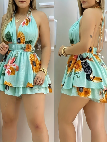 New Spring Summer Elegant Fashion Mini Jumpsuit, High-Waisted Backless with Ties, Perfect for Vacation and Cruise Trips