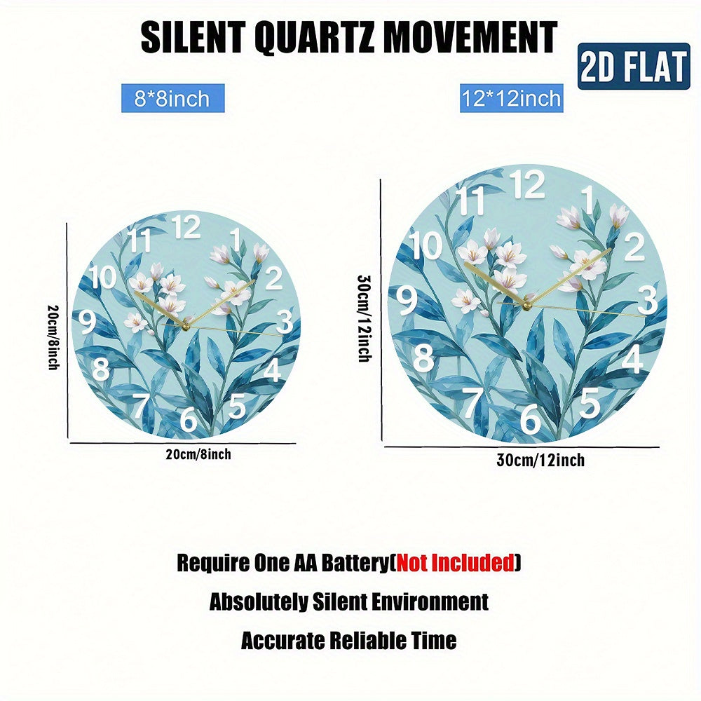 Modern Large Face Wall Clock with Pastel Green-Blue Leaf & Golden Hands - Large Black Numerals, Round Silent Non-Ticking Battery-Powered (No AA Batteries Included) - Large White Face for Living Room, Bedroom,,, 2D Flat