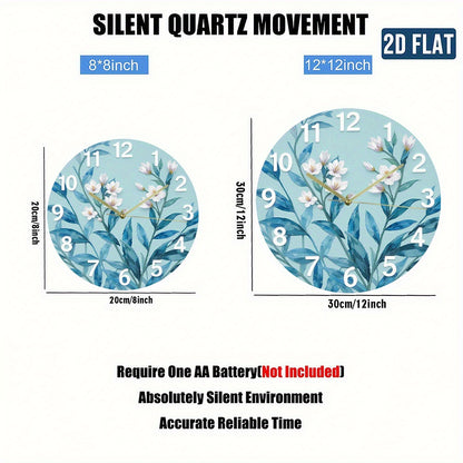 Modern Large Face Wall Clock with Pastel Green-Blue Leaf & Golden Hands - Large Black Numerals, Round Silent Non-Ticking Battery-Powered (No AA Batteries Included) - Large White Face for Living Room, Bedroom,,, 2D Flat
