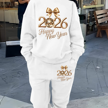 Women'S Casual Crew Neck Sweatshirt & Pants Set - Cozy Fleece-Lined Two-Piece Outfit with "Happy New Year" Print, Perfect for Fall/Winter, Casual Wear, |playful Print|fleece Lined Pants, Sweater Pants