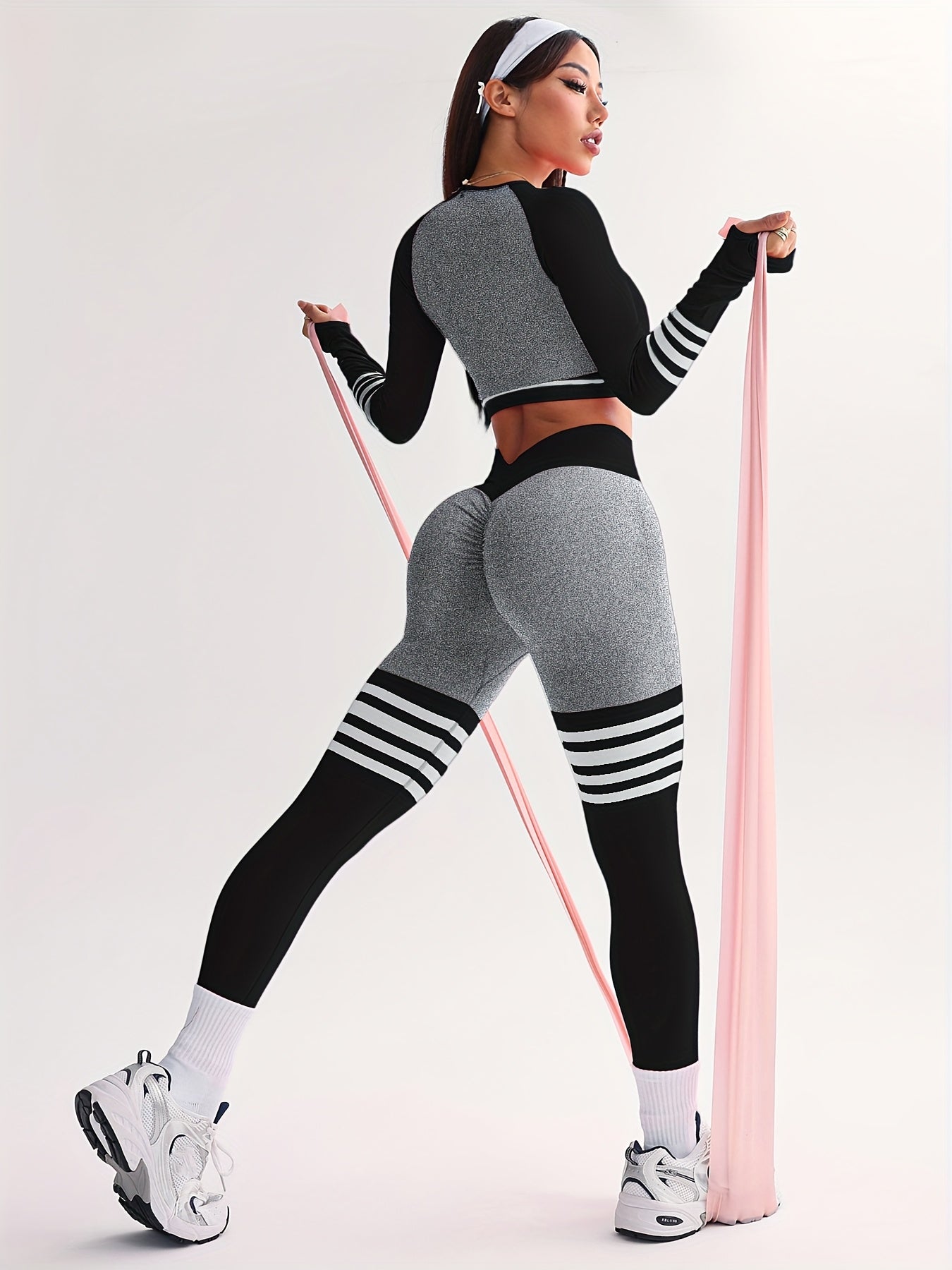 3pcs Women's Full Athletic Set - Seamless Striped Quick-Dry Sports Bra, Tight-Fitting Long Sleeve Gym Pants with Moai Panel Technology | High-Elasticity Moisture-Wicking Fabric for Running, Gymnastics, Training Outfit (All-Se