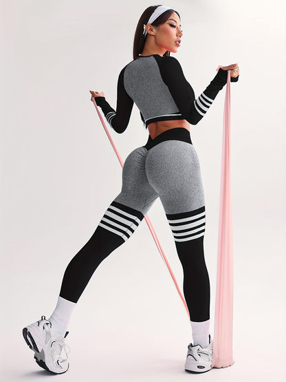 3pcs Women's Full Athletic Set - Seamless Striped Quick-Dry Sports Bra, Tight-Fitting Long Sleeve Gym Pants with Moai Panel Technology | High-Elasticity Moisture-Wicking Fabric for Running, Gymnastics, Training Outfit (All-Se