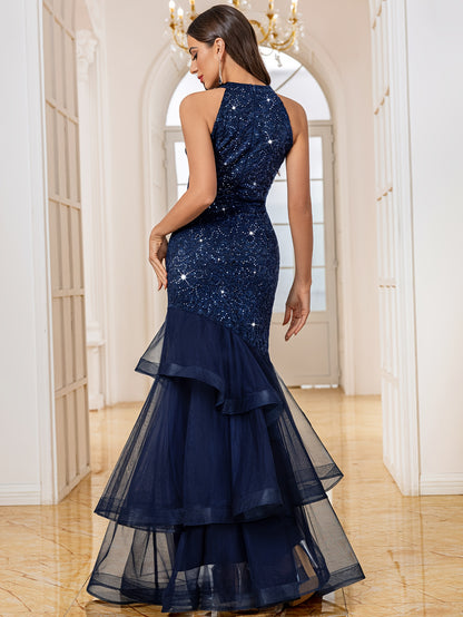 24483A Women's Elegant Halter Neck Sleeveless Sequin Lace Mesh Layered Ruffle Trim A-Line Fitted Wedding Party Bridesmaid Dress Evening Gown Maxi Dress