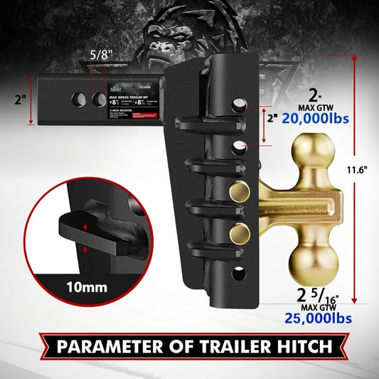 Heavy Duty Adjustable Trailer Hitch, Fits 2-Inch Receiver, 8-Inch Drop/Rise, 2" & 2-5/16" Ball Hitches For Trucks, 25, 000 LBS GTW, Drop Hitch With Anti-Theft Pin, Black