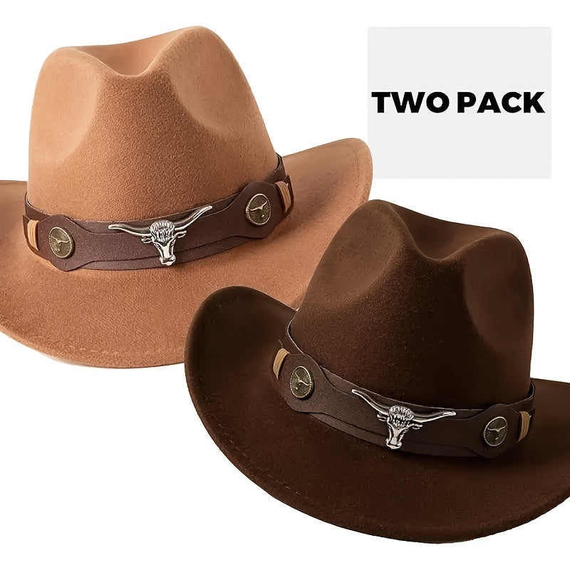 Western Cowboy Hat with Bull Skull Emblem - Wide Brim Tweed Polyester, Brown & Tan, Hand Wash Only for Weddings, Parties, Halloween, Christmas, Thanksgiving, New Year's Eve, Cowboy Accessories, Festive Headwear, Rustic Style,