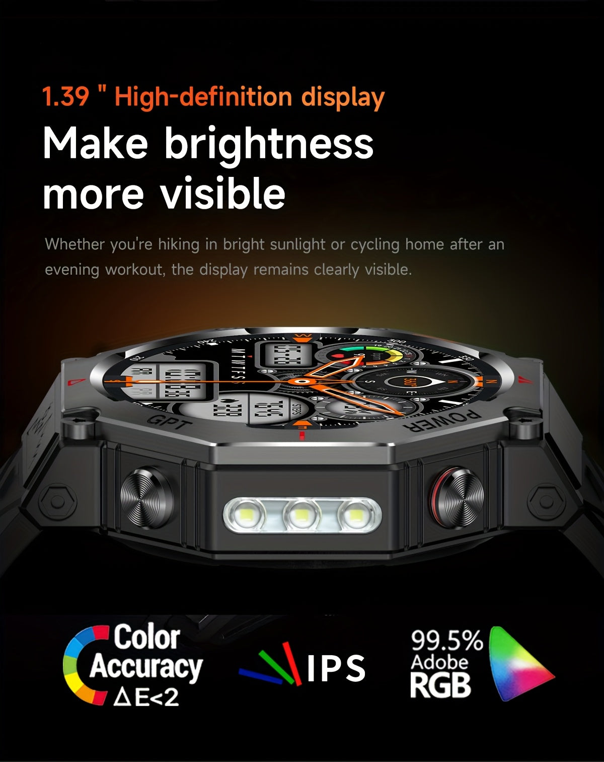Men's Smartwatch - 1.39inch full touch HD Display, come with long range flashligh & GPS function, 530mAh large battery capacity, Wireless Calls/dial, compass, Music Control, massive sports modes, Zinc Alloy Case, Silicone and