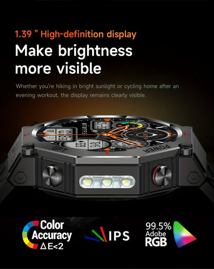 Men's Smartwatch - 1.39inch full touch HD Display, come with long range flashligh & GPS function, 530mAh large battery capacity, Wireless Calls/dial, compass, Music Control, massive sports modes, Zinc Alloy Case, Silicone and