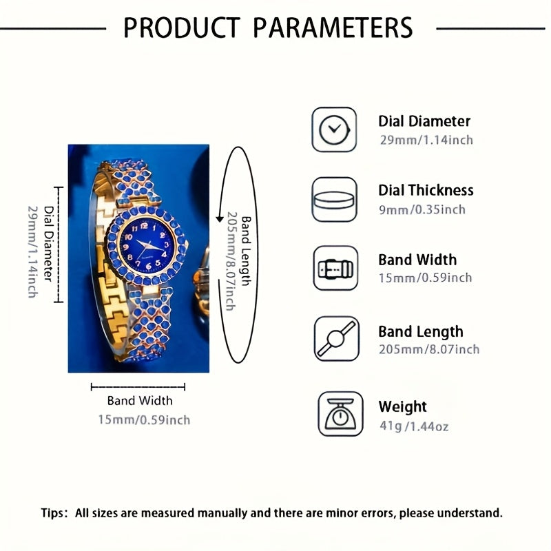 6pcs Set Luxury Women's Watch & Jewelry Set with Sparkling Blue Rhinestone Quartz Watch, Matching Bracelet, Earrings, Necklace & Ring - Elegant Gift Set for Weddings, Parties, Special Occasions (Alloy Case/)